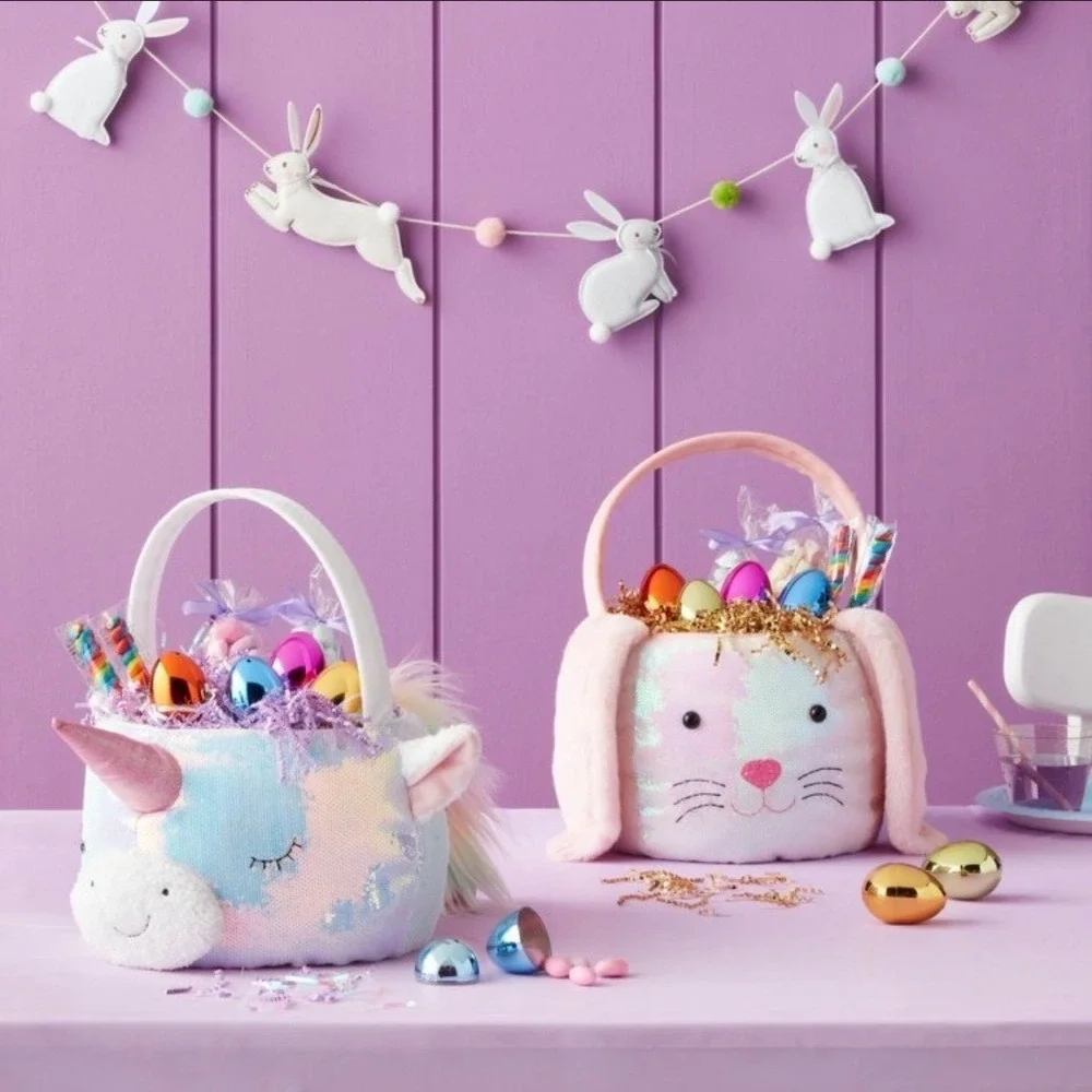Spritz Iridescent‎ Sequin Unicorn Easter Basket White Pink Glitter Horn NWT